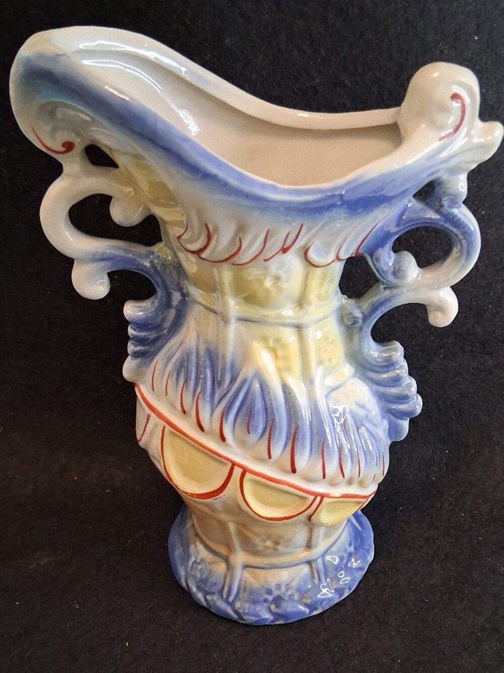VTG Mid Century Made in Brazil Ceramic Ewer Pitcher Vase Blue Yellow Gold Red
